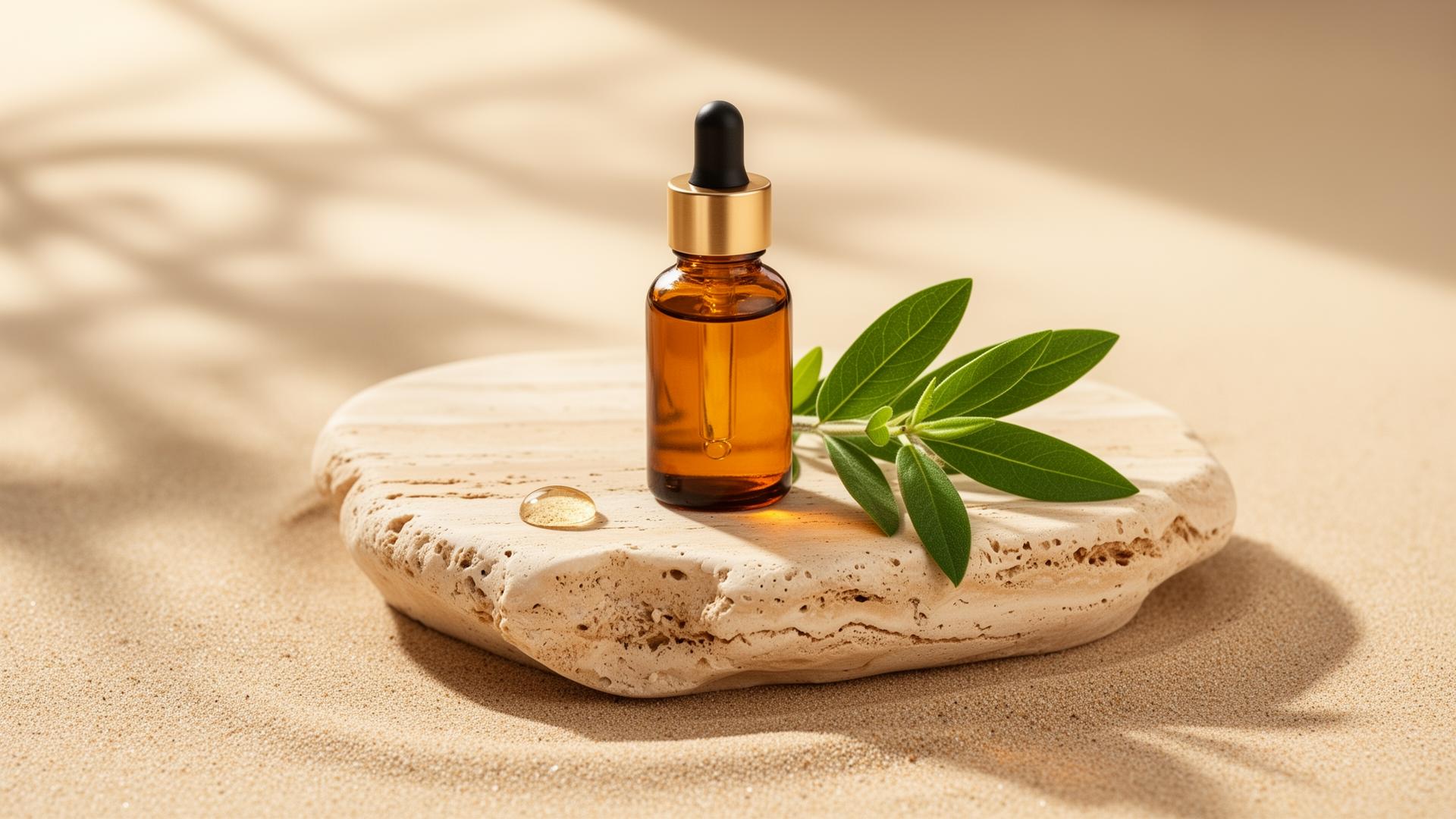 Amber serum bottle resting on travertine stone with botanical leaves